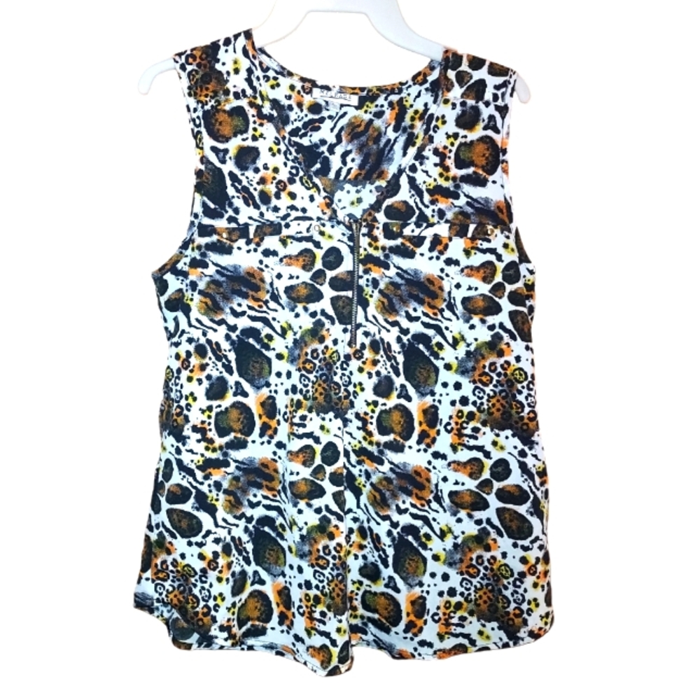 MILEAGE Women's Orange and Black Abstract Leopard Spots Blouse Tank Top Size L